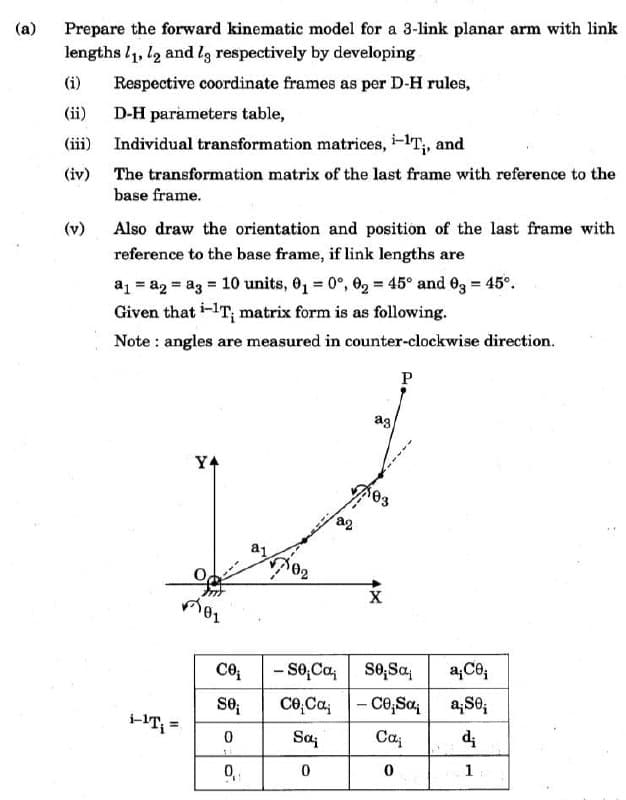 (a)
Prepare the forward kinematic model for a 3-link planar arm with link
lengths 11, 12 and le respectively by developing
(i) Respective coordinate frames as per D-H rules,
(ii) D-H parameters table,
(iii)
(iv)
(v)
Individual transformation matrices, i-1T₁, and
The transformation matrix of the last frame with reference to the
base frame.
Also draw the orientation and position of the last frame with
reference to the base frame, if link lengths are
a₁ = 82 = a3 = 10 units, 0₁ = 0°, 02 = 45° and 03 = 45°.
Given that i-1T; matrix form is as following.
Note : angles are measured in counter-clockwise direction.
P
Y4
co₁
se₁
0
0,
a1
√102
a2
Sa;
0
ag
X
- Se.Ca. se;Sa
Ce,CaCOSα₁
-
Ca
0
a¡C0₁
a¡S0₁
d₁
1