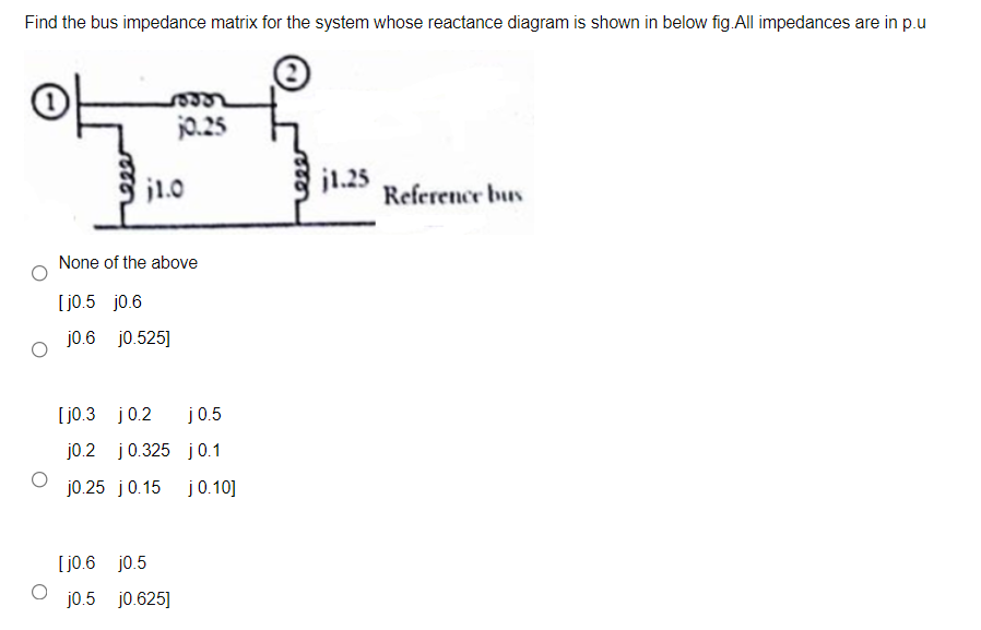 Find the bus impedance matrix for the system whose reactance diagram is shown in below fig.All impedances are in p.u
0.25
j1.0
j1.25
Reference bus
None of the above
[jo.5 jo.6
j0.6 jo.525]
[j0.3 j0.2
j0.5
j0.2 j0.325 j0.1
j0.25 j0.15 j0.10]
[j0.6 jo.5
j0.5 jo.625]

