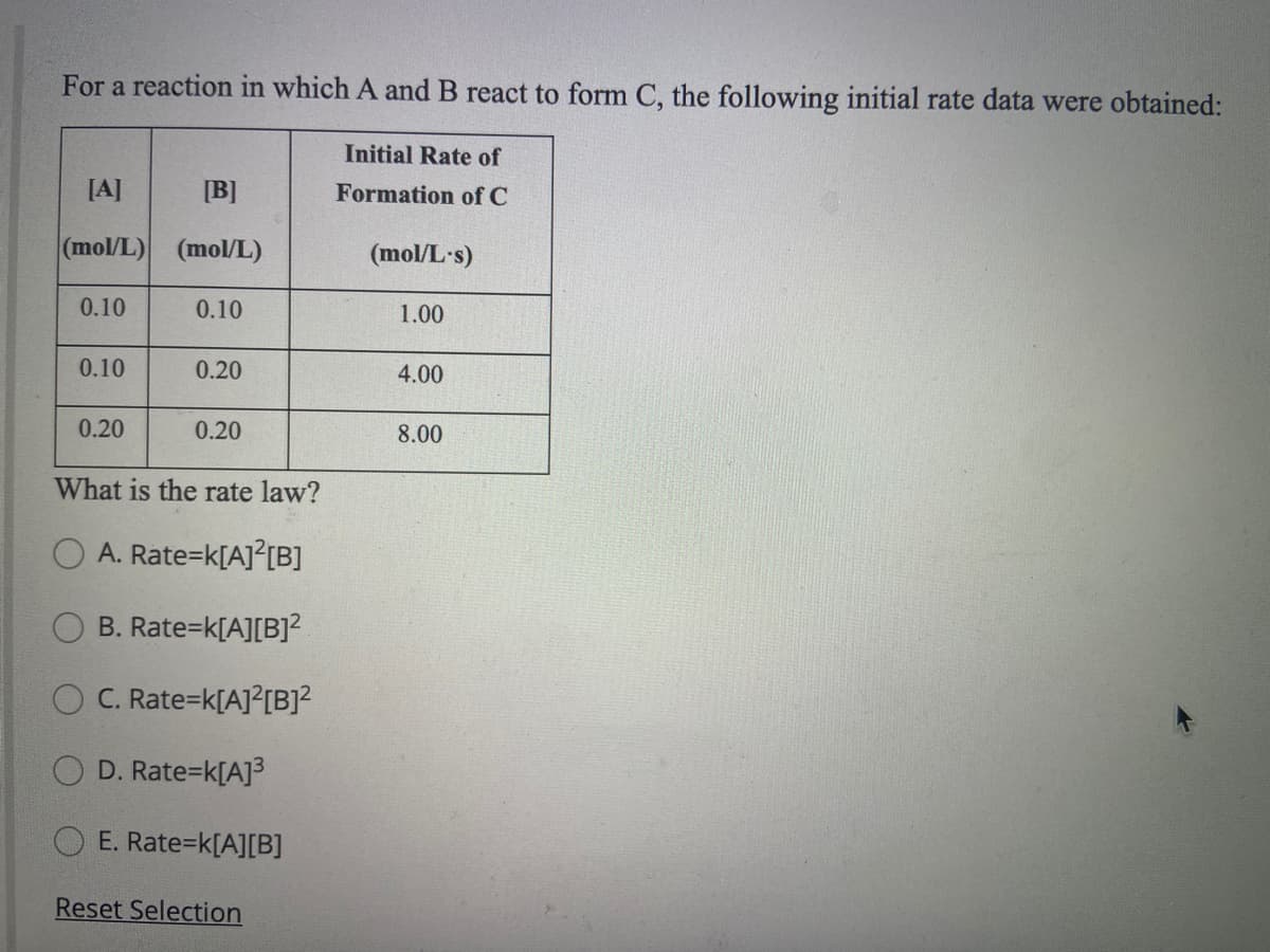 For a reaction in which A and B react to form C, the following initial rate data were obtained:
Initial Rate of
[A]
[B]
Formation of C
(mol/L) (mol/L)
(mol/L's)
0.10
0.10
1.00
0.10
0.20
4.00
0.20
0.20
8.00
What is the rate law?
A. Rate=k[A]°[B]
B. Rate=k[A][B]?
C. Rate=k[A]°[B]?
D. Rate=k[A]3
E. Rate=k[A][B]
Reset Selection
