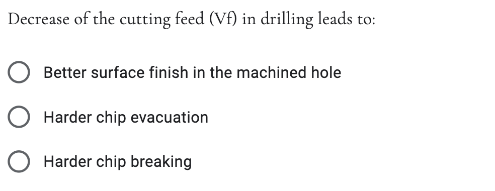 Decrease of the cutting feed (Vf) in drilling leads to:
O Better surface finish in the machined hole
O Harder chip evacuation
Harder chip breaking
