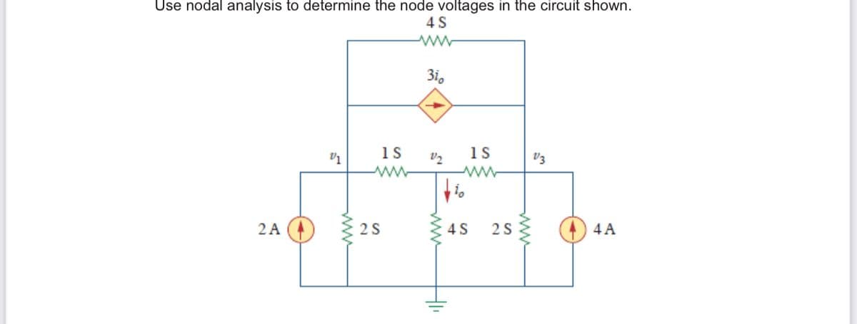 Use nodal analysis to determine the node voltages in the circuit shown.
4S
3i.
1s
V2
1s
V3
2 A
2S
4 S
2 S
4 A
ww
ww
