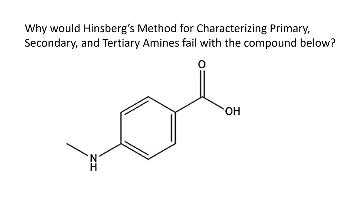 Why would Hinsberg's Method for Characterizing Primary,
Secondary, and Tertiary Amines fail with the compound below?
OH
ZI
