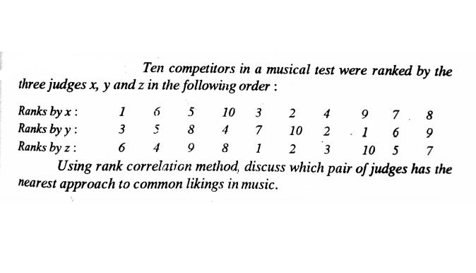 Ten competitors in a musical test were ranked by the
three judges x, y and z in the following order :
Ranks by x :
Ranks by y :
Ranks by z :
Using rank correlation method, discuss which pair of judges has the
nearest approach to common likings in music.
1 6
5
10
7. 8
3
2
4
3
8
4
7
10
2
1
6
9
4
9
8
1
3
10 5
7
