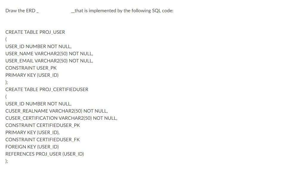 Draw the ERD.
_that is implemented by the following SQL code:
CREATE TABLE PROJ_USER
USER_ID NUMBER NOT NULL,
USER_NAME VARCHAR2(50) NOT NULL,
USER_EMAIL VARCHAR2(50) NOT NULL,
CONSTRAINT USER_PK
PRIMARY KEY (USER_ID)
);
CREATE TABLE PROJ_CERTIFIEDUSER
USER_ID NUMBER NOT NULL,
CUSER_REALNAME VARCHAR2(50) NOT NULL,
CUSER_CERTIFICATION VARCHAR2(50) NOT NULL,
CONSTRAINT CERTIFIEDUSER_PK
PRIMARY KEY (USER_ID),
CONSTRAINT CERTIFIEDUSER_FK
FOREIGN KEY (USER_ID)
REFERENCES PROJ_USER (USER_ID)
);
