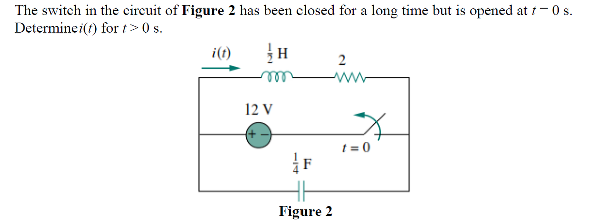 The switch in the circuit of Figure 2 has been closed for a long time but is opened at t= 0 s.
Determine i(f) for t>0 s.
i(t)
2
ll
12 V
t = 0
F
Figure 2
