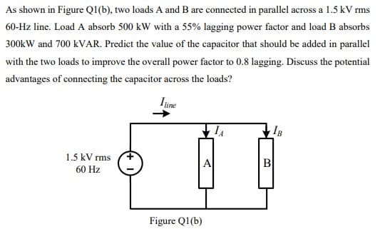 As shown in Figure Q1(b), two loads A and B are connected in parallel across a 1.5 kV rms
60-Hz line. Load A absorb 500 kW with a 55% lagging power factor and load B absorbs
300kW and 700 KVAR. Predict the value of the capacitor that should be added in parallel
with the two loads to improve the overall power factor to 0.8 lagging. Discuss the potential
advantages of connecting the capacitor across the loads?
Ijine
IB
1.5 kV rms
A
60 Hz
Figure Q1(b)
