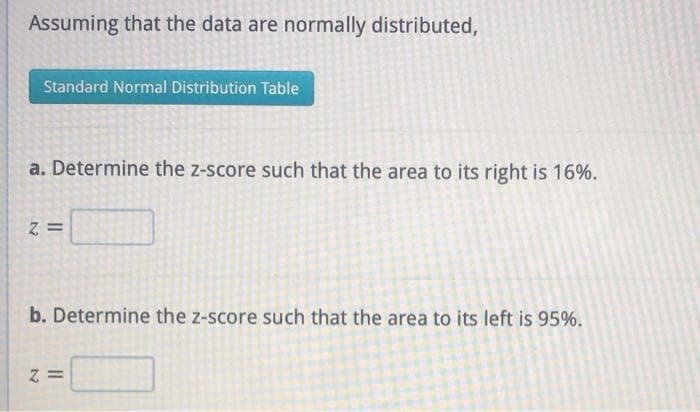 Assuming that the data are normally distributed,
Standard Normal Distribution Table
a. Determine the z-score such that the area to its right is 16%.
Z =
b. Determine the z-score such that the area to its left is 95%.
