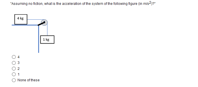 "Assuming no fiction, what is the acceleration of the system of the following figure (in m/s2)?"
4 kg
1 kg
2
1
None of these
