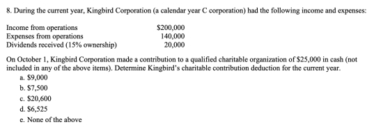 8. During the current year, Kingbird Corporation (a calendar year C corporation) had the following income and expenses:
Income from operations
Expenses from operations
Dividends received (15% ownership)
On October 1, Kingbird Corporation made a contribution to a qualified charitable organization of $25,000 in cash (not
included in any of the above items). Determine Kingbird's charitable contribution deduction for the current year.
a. $9,000
$200,000
140,000
20,000
b. $7,500
c. $20,600
d. $6,525
c. None of the above
