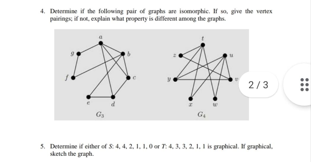 4. Determine if the following pair of graphs are isomorphic. If so, give the vertex
pairings; if not, explain what property is different among the graphs.
2/3
d.
G3
G4
5. Determine if either of S: 4, 4, 2, 1, 1, 0 or T: 4, 3, 3, 2, 1, 1 is graphical. If graphical,
sketch the graph.

