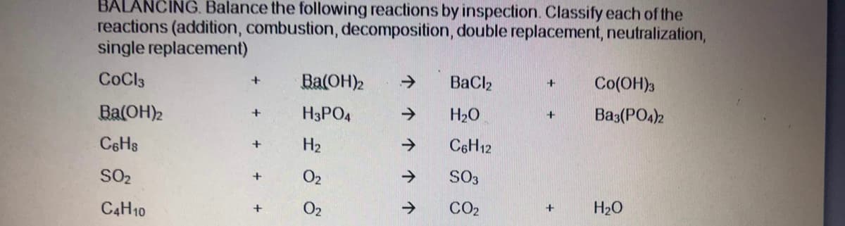 BALANCING. Balance the following reactions by inspection. Classify each of the
reactions (addition, combustion, decomposition, double replacement, neutralization,
single replacement)
CoCl3
Ba(OH)2
->
BaCl2
Co(OH)3
Ba(OH)2
H3PO4
->
H20
Ba3(PO4)2
+
C6H8
H2
->
C6H12
SO2
O2
->
SO3
C4H10
O2
->
CO2
H20
