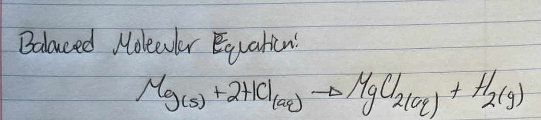 Balanced Moleculer Equation:
Mg(s) + 2HCl(a) →→ MgCl₂2104) + H/₂ (9)