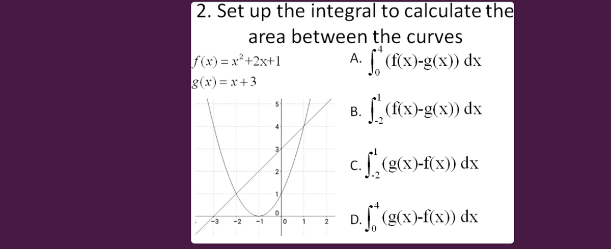 2. Set up the integral to calculate the
area between the curves
| (f(x)-g(x)) dx
f(x) = x²+2x+1
g(x) = x+3
А.
В.
[ (x)-g(x)) dx
3.
c. [ (g(x)-f(x)) dx
2
.4
D. (g(x)-f(x)) dx
-3
-2
-1
1
2
