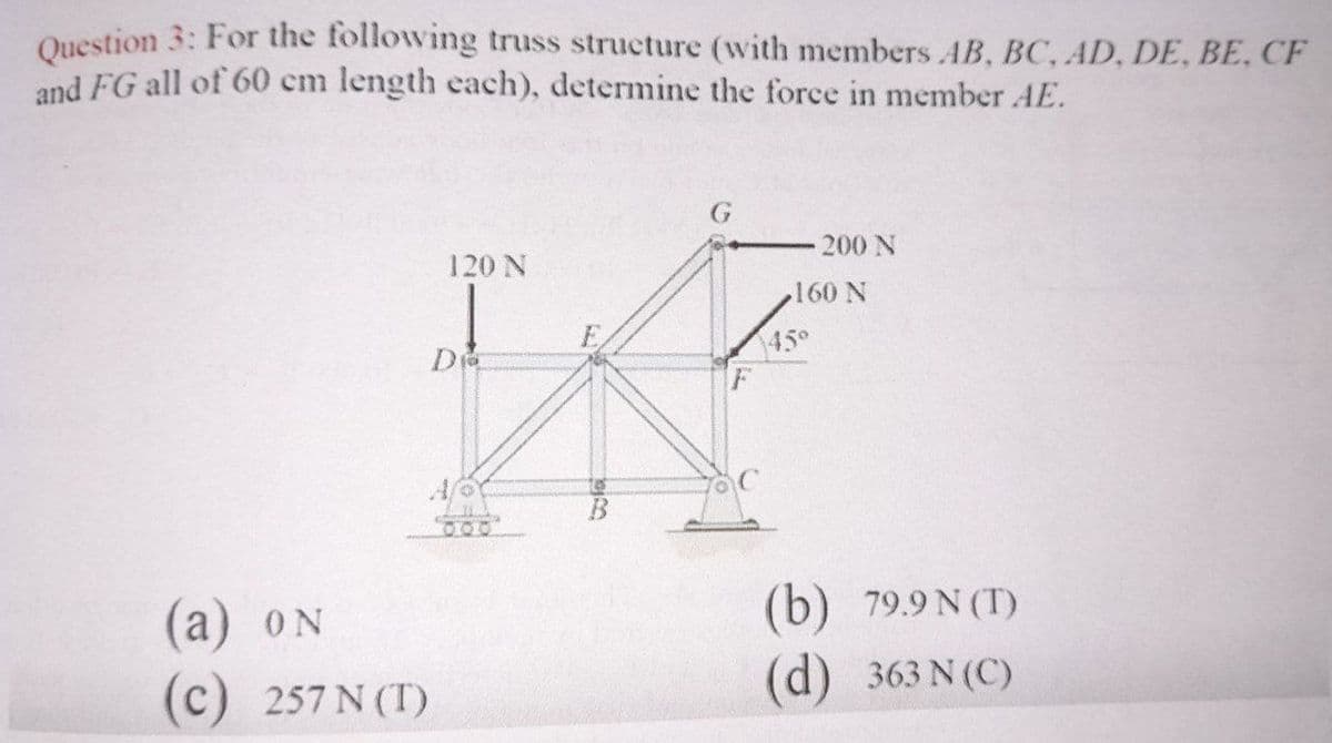 Question 3: For the following truss structure (with members AB, BC, AD, DE, BE, CF
and FG all of 60 cm length each), determine the force in member AE.
200 N
120 N
160 N
D
45°
(a) ON
(b) 79.9 N (T)
(c) 257 N (T)
(d) 363 N (C)
