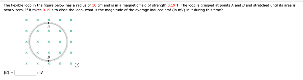 The flexible loop in the figure below has a radius of 10 cm and is in a magnetic field of strength 0.19 T. The loop is grasped at points A and B and stretched until its area is
nearly zero. If it takes 0.19 s to close the loop, what is the magnitude of the average induced emf (in mV) in it during this time?
A
B
|E| =
mV
