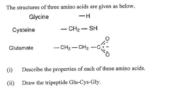 The structures of three amino acids are given as below.
Glycine
-H
Cysteine
- CH2 - SH
Glutamate
- CH2 CH2
(i)
Describe the properties of each of these amino acids.
(ii)
Draw the tripeptide Glu-Cys-Gly.
