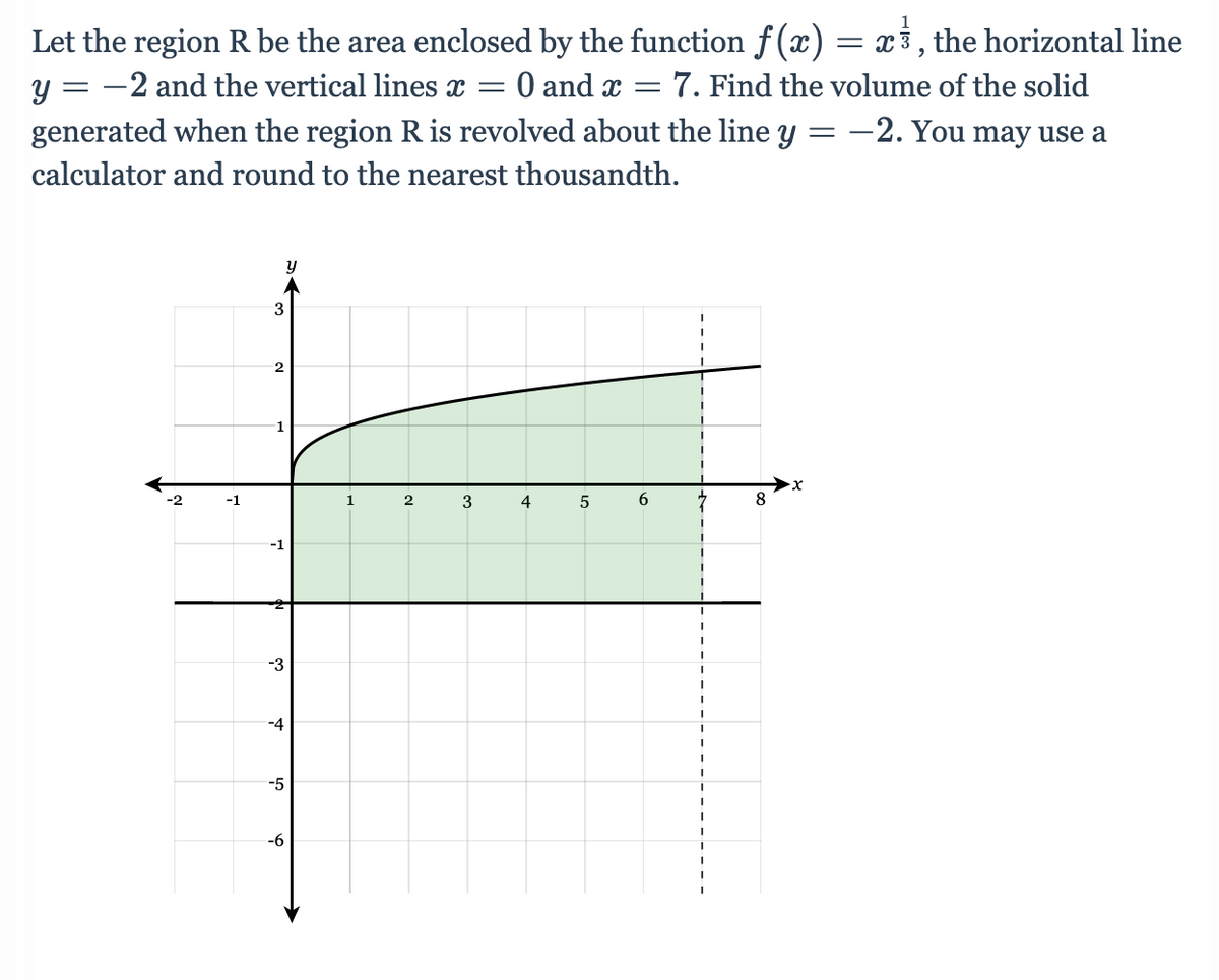 Let the region R be the area enclosed by the function f(x) = x3, the horizontal line
-2 and the vertical lines x = 0 and x = 7. Find the volume of the solid
generated when the region R is revolved about the line y = -2. You may use a
y =
calculator and round to the nearest thousandth.
3
2
1
-1
1
2
3
4
6.
7
8
-1
-3
-4
-5
-6
