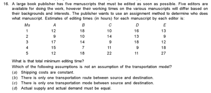 16. A large book publisher has five manuscripts that must be edited as soon as possible. Five editors are
available for doing the work, however their working times on the various manuscripts will differ based on
their backgrounds and interests. The publisher wants to use an assignment method to determine who does
what manuscript. Estimates of editing times (in hours) for each manuscript by each editor is:
Ms
A
B
D
E
1
12
18
10
16
13
2
9
10
14
13
3
17
14
9
18
12
4
15
7
11
18
5
12
18
22
11
27
What is that total minimum editing time?
Which of the following assumptions is not an assumption of the transportation model?
(a) Shipping costs are constant.
(b) There is only one transportation route between source and destination.
(c) There is only one transportation mode between source and destination.
(d) Actual supply and actual demand must be equal.
