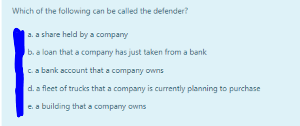 Which of the following can be called the defender?
| a. a share held by a company
b. a loan that a company has just taken from a bank
c. a bank account that a company owns
d. a fleet of trucks that a company is currently planning to purchase
e. a building that a company owns
