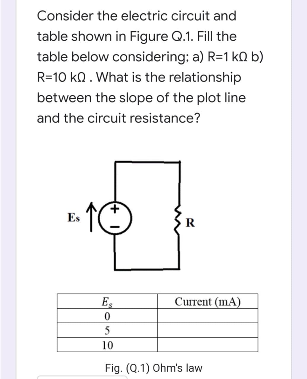 Consider the electric circuit and
table shown in Figure Q.1. Fill the
table below considering; a) R=1 kQ b)
R=10 kN . What is the relationship
between the slope of the plot line
and the circuit resistance?
Es
R
Es
Current (mA)
5
10
Fig. (Q.1) Ohm's law
