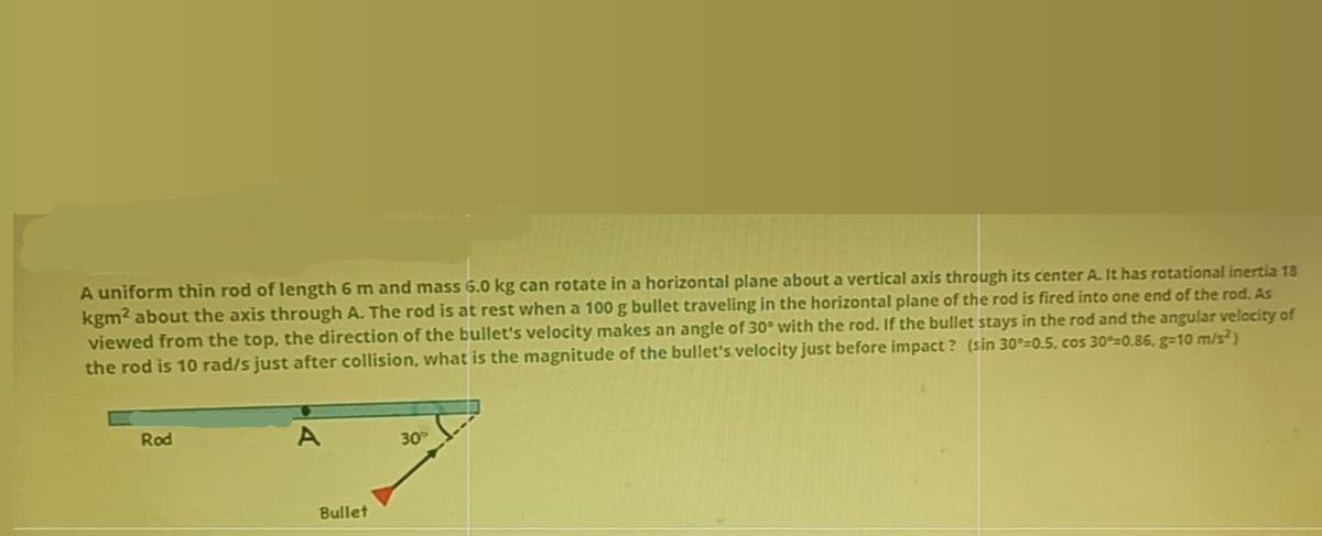 A uniform thin rod of length 6 m and mass 6.0 kg can rotate in a horizontal plane about a vertical axis through its center A. It has rotational inertia 18
kgm2 about the axis through A. The rod is at rest when a 100 g bullet traveling in the horizontal plane of the rod is fired into one end of the rod. As
viewed from the top, the direction of the bullet's velocity makes an angle of 30° with the rod. If the bullet stays in the rod and the angular velocity of
the rod is 10 rad/s just after collision, what is the magnitude of the bullet's velocity just before impact ? (sin 30°=0.5, cos 30°=0.86. g=10 m/s²)
Rod
A
30
Bullet

