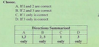 Choose.
A. If I and 2 are correct
B. If 2 and 3 are correct
C. If 1 only is correct
D. If 3 only is correct
Directions Summarised
B.
D.
1,2
2, 3
3
only
only
only
only
