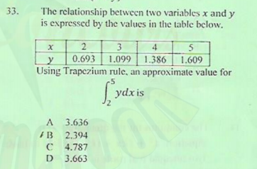 33.
The relationship between two variables x and y
is expressed by the values in the table below.
3
0.693 1.099 | 1.386 | 1.609
Using Trapezium rule, an approximate value for
4
5
-5
ydx is
A.
3.636
2.394
C 4.787
D 3.663
