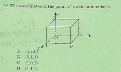 22. The coordinates of the point P on the unit cube is
A (1,1,0)
B (0,1,1)
C (1,0,1)
D (1,1,1)
