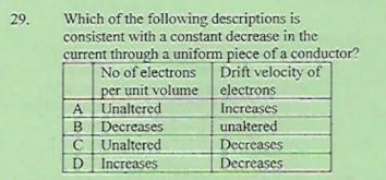 Which of the following descriptions is
consistent with a constant decrease in the
29.
current through a uniform piece of a conductor?
No of electrons
per unit volume
A Unaltered
B Decreases
C Unaltered
Increases
Drift velocity of
electrons
Increases
unaktered
Decreases
D
Decreases
