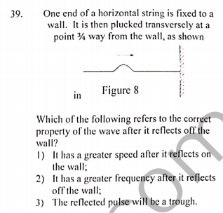 One end of a horizontal string is fixed to a
wall. It is then plucked transversely at a
point 4 way from the wall, as shown
39.
in
Figure 8
Which of the following refers to the correet
property of the wave after it reflects off the
wall?
I) It has a greater speed after it feflects on
the wall;
2) It has a greater frequency after it reflects
off the wall;
3) The reflected pulse will be a trough.
