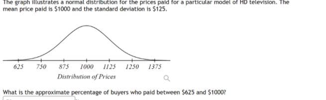 The graph illustrates a normal distribution for the prices paid for a particular model of HD television. The
mean price paid is $1000 and the standard deviation is $125.
625
750
875
1000 1125 1250 1375
Distribution of Prices
What is the approximate percentage of buyers who paid between $625 and $1000?
