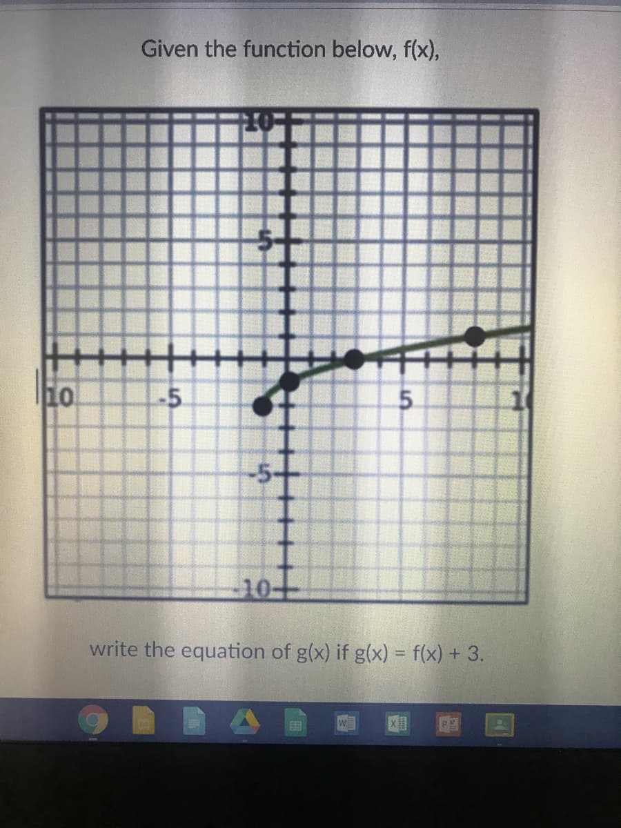 Given the function below, f(x),
10
-5
5.
-5
-10-
write the equation of g(x) if g(x) = f(x) + 3.
PE
