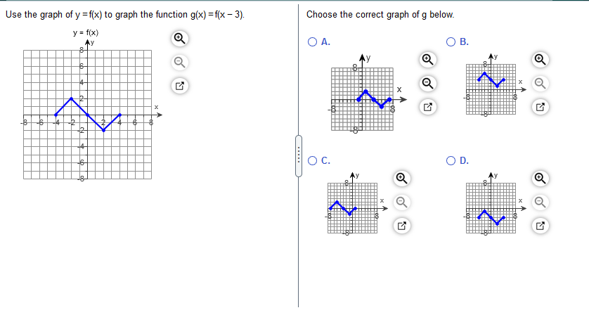 Use the graph of y=f(x) to graph the function g(x) = f(x - 3).
Choose the correct graph of g below.
y = f(x)
Ay
8-
O A.
O B.
OD.
