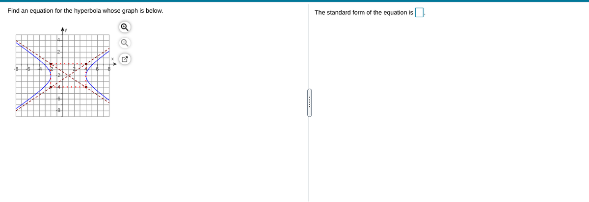 Find an equation for the hyperbola whose graph is below.
The standard form of the equation is
Ay
