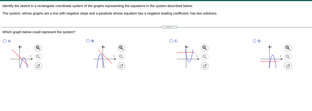 Identify the sketch in a rectangular coordinate system of the graphs representing the equations in the system described below.
The system, whose graphs are a line with negative slope and a parabola whose equation has a negative leading coefficient, has two solutions.
Which graph below could represent the system?
O A.
О в.
Oc.
OD.
Ay
