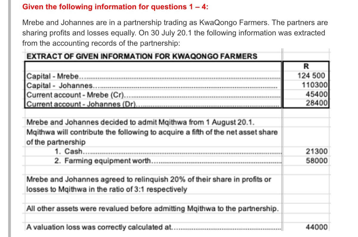 Given the following information for questions 1- 4:
Mrebe and Johannes are in a partnership trading as KwaQongo Farmers. The partners are
sharing profits and losses equally. On 30 July 20.1 the following information was extracted
from the accounting records of the partnership:
EXTRACT OF GIVEN INFORMATION FOR KWAQONGO FARMERS
R
Capital - Mrebe..
Capital - Johannes....
Current account - Mrebe (Cr)..
Current account - Johannes (Dr)..
124 500
110300
45400
28400
Mrebe and Johannes decided to admit Mqithwa from 1 August 20.1.
Maithwa will contribute the following to acquire a fifth of the net asset share
of the partnership
1. Cash...
2. Farming equipment worth..
21300
58000
Mrebe and Johannes agreed to relinquish 20% of their share in profits or
losses to Mqithwa in the ratio of 3:1 respectively
All other assets were revalued before admitting Mqithwa to the partnership.
A valuation loss was correctly calculated at.
44000
