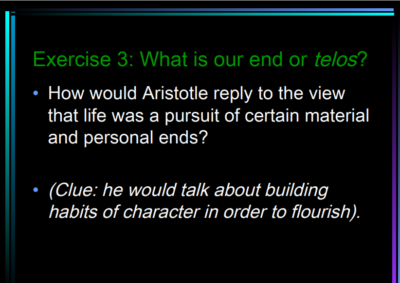 Exercise 3: What is our end or telos?
How would Aristotle reply to the view
that life was a pursuit of certain material
and personal ends?
(Clue: he would talk about building
habits of character in order to flourish).
