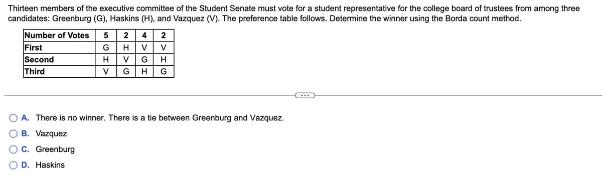 Thirteen members of the executive committee of the Student Senate must vote for a student representative for the college board of trustees from among three
candidates: Greenburg (G), Haskins (H), and Vazquez (V). The preference table follows. Determine the winner using the Borda count method.
Number of Votes
2
4
First
G
V
V
Second
Third
H
V
H
V
G
H
G
A. There is no winner. There is a tie between Greenburg and Vazquez.
B. Vazquez
OC. Greenburg
O D. Haskins
O O O O
