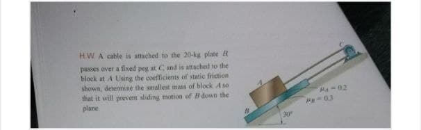 HW. A cable is attached to the 20-kg plate R
passes over a fixed peg at C and is attached to the
block at A Using the coefficients of static friction
shown, determine the smallest mass of block A so
that it will prevent sliding motion of B down the
plane
M-02
M-03
30
