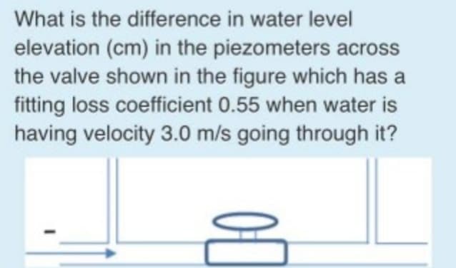 What is the difference in water level
elevation (cm) in the piezometers across
the valve shown in the figure which has a
fitting loss coefficient 0.55 when water is
having velocity 3.0 m/s going through it?
