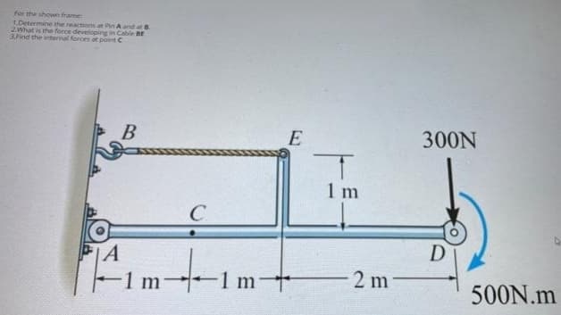 For the shown frame
1.Determine the reactions at Pin A and at8
ZWhat is the force developing in Cable BE
3.Pind the internal forces at point
B
E
300N
1 m
D
|A
-1m
1 m+
2 m-
500N.m
