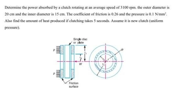 Determine the power absorbed by a clutch rotating at an average speed of 3100 rpm. the outer diameter is
20 cm and the inner diameter is 15 cm. The coefficient of friction is 0.26 and the pressure is 0.1 N/mm'.
Also find the amount of heat produced if clutching takes 5 seconds. Assume it is new clutch (uniform
pressure).
Single disc
or plate
Friction
surface
