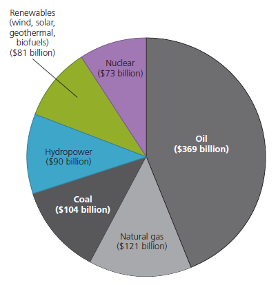 Renewables
(wind, solar,
geothermal,
biofuels)
($81 billion)
Nuclear
($73 billion)
Oil
($369 billion)
Hydropower
($90 billion)
Coal
($104 billion)
Natural gas
($121 billion)
