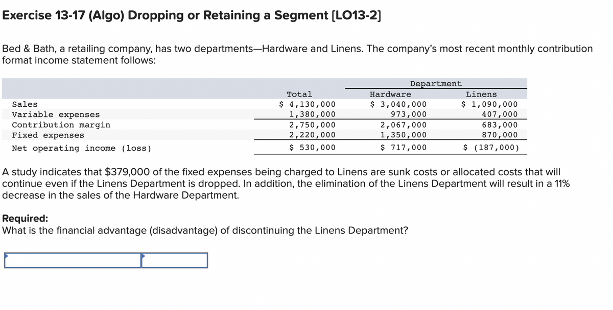 Exercise 13-17 (Algo) Dropping or Retaining a Segment [LO13-2]
Bed & Bath, a retailing company, has two departments-Hardware and Linens. The company's most recent monthly contribution
format income statement follows:
Department
Total
Hardware
Linens
$ 4,130,000
1,380,000
2,750,000
$ 3,040,000
973,000
2,067,000
$ 1,090,000
407,000
Sales
Variable expenses
Contribution margin
Fixed expenses
683,000
870,000
1,350,000
$ 717,000
2,220,000
Net operating income (loss)
$ 530,000
$ (187,000)
A study indicates that $379,000 of the fixed expenses being charged to Linens are sunk costs or allocated costs that will
continue even if the Linens Department is dropped. In addition, the elimination of the Linens Department will result in a 11%
decrease in the sales of the Hardware Department.
Required:
What is the financial advantage (disadvantage) of discontinuing the Linens Department?
