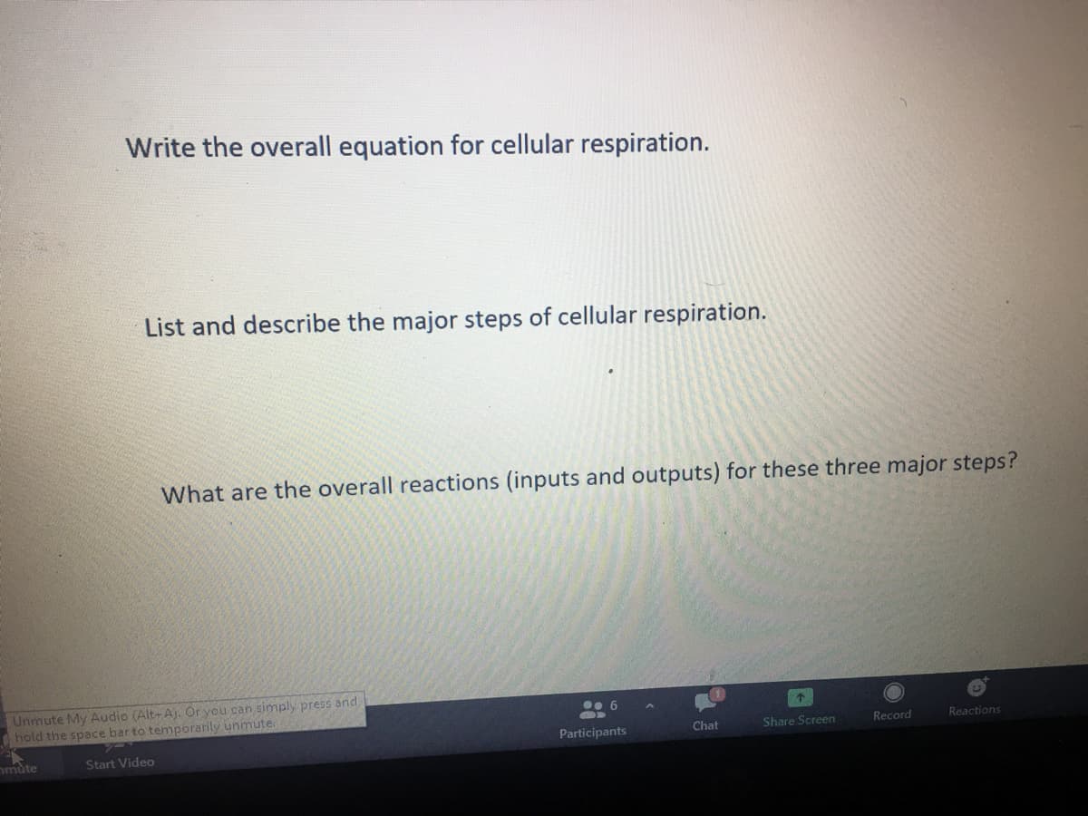 Write the overall equation for cellular respiration.
List and describe the major steps of cellular respiration.
What are the overall reactions (inputs and outputs) for these three major steps?
Unmute My Audio (Alt- A). Or you can simply press and
hold the space bar to temporarily unmute.
Participants
Chat
Share Screen
Record
Reactions
můte
Start Video

