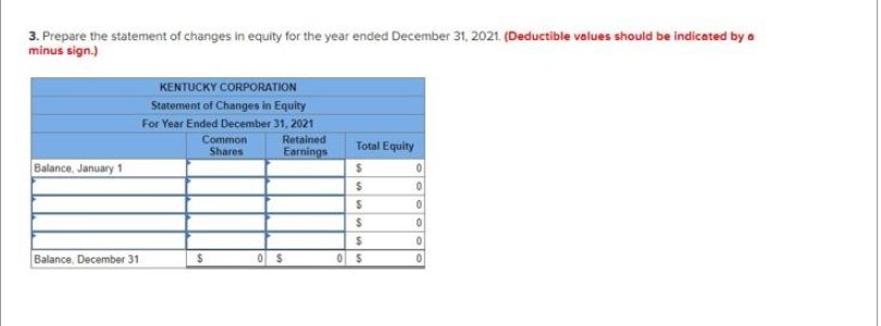 3. Prepare the statement of changes in equity for the year ended December 31, 2021. (Deductible values should be indicated by a
minus sign.)
Balance, January 1
Balance, December 31
KENTUCKY CORPORATION
Statement of Changes in Equity
For Year Ended December 31, 2021
Retained
Earnings
Common
Shares
S
0 $
Total Equity
$
$
$
$
$
0$
0
0
0
0
0
0