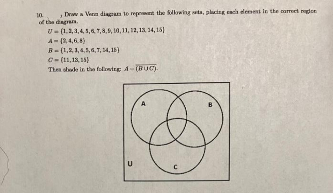 10.
Draw a Venn diagram to represent the following sets, placing each element in the correct region
of the diagram.
"
U= {1, 2, 3, 4, 5, 6, 7, 8, 9, 10, 11, 12, 13, 14, 15)
A= {2,4,6,8)
B={1,2,3,4,5,6,7, 14, 15)
C = {11, 13, 15}
Then shade in the following: A- (BUC).
U
C
B