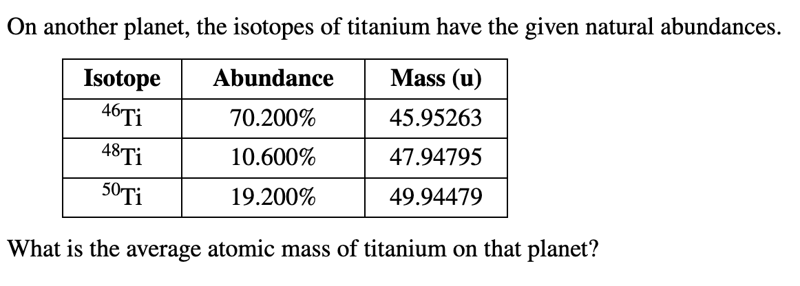On another planet, the isotopes of titanium have the given natural abundances.
Abundance
Mass (u)
70.200%
45.95263
10.600%
47.94795
19.200%
49.94479
Isotope
46 Ti
48 Ti
50 Ti
What is the average atomic mass of titanium on that planet?