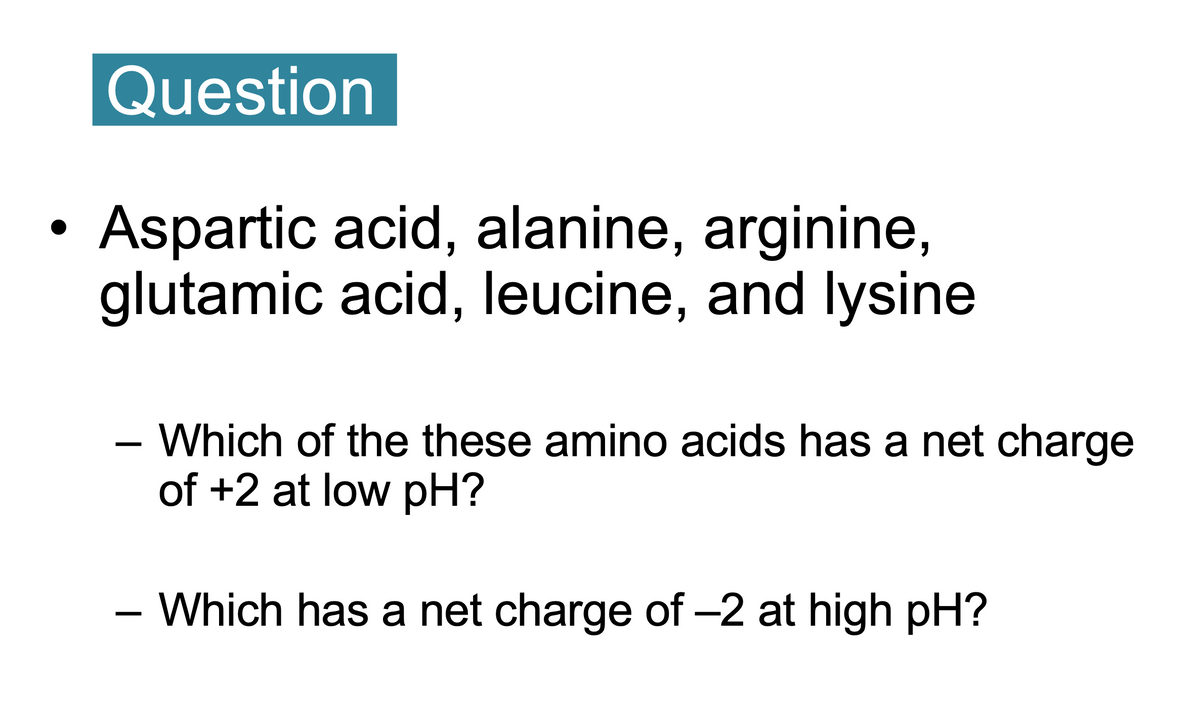 Question
Aspartic acid, alanine, arginine,
glutamic acid, leucine, and lysine
- Which of the these amino acids has a net charge
of +2 at low pH?
- Which has a net charge of -2 at high pH?