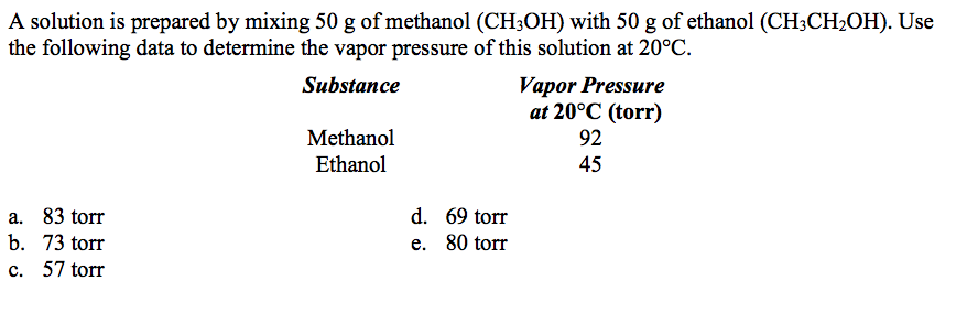 A solution is prepared by mixing 50 g of methanol (CH3OH) with 50 g of ethanol (CH;CH2OH). Use
the following data to determine the vapor pressure of this solution at 20°C.
Vapor Pressure
at 20°C (torr)
Substance
Methanol
92
Ethanol
45
a. 83 torr
b. 73 torr
d. 69 torr
e. 80 torr
c. 57 torr
